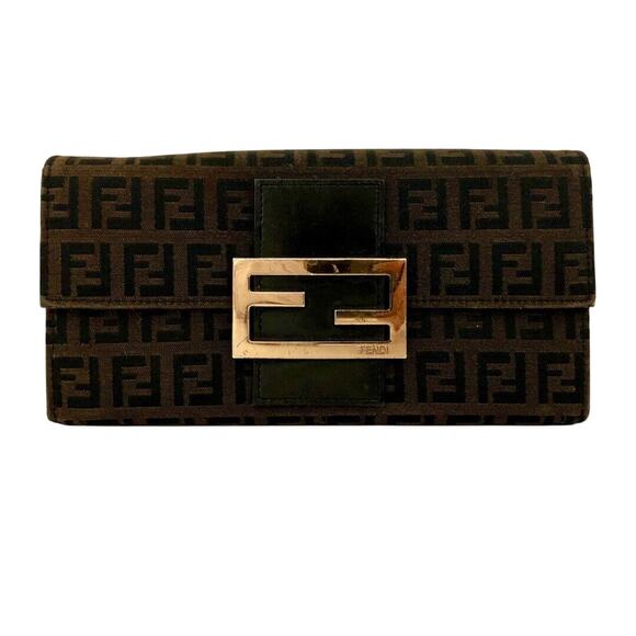 Authentic FENDI Zuccino Canvas Leather Long Bifold Wallet Gold Toned Hardware - Picture 1 of 7